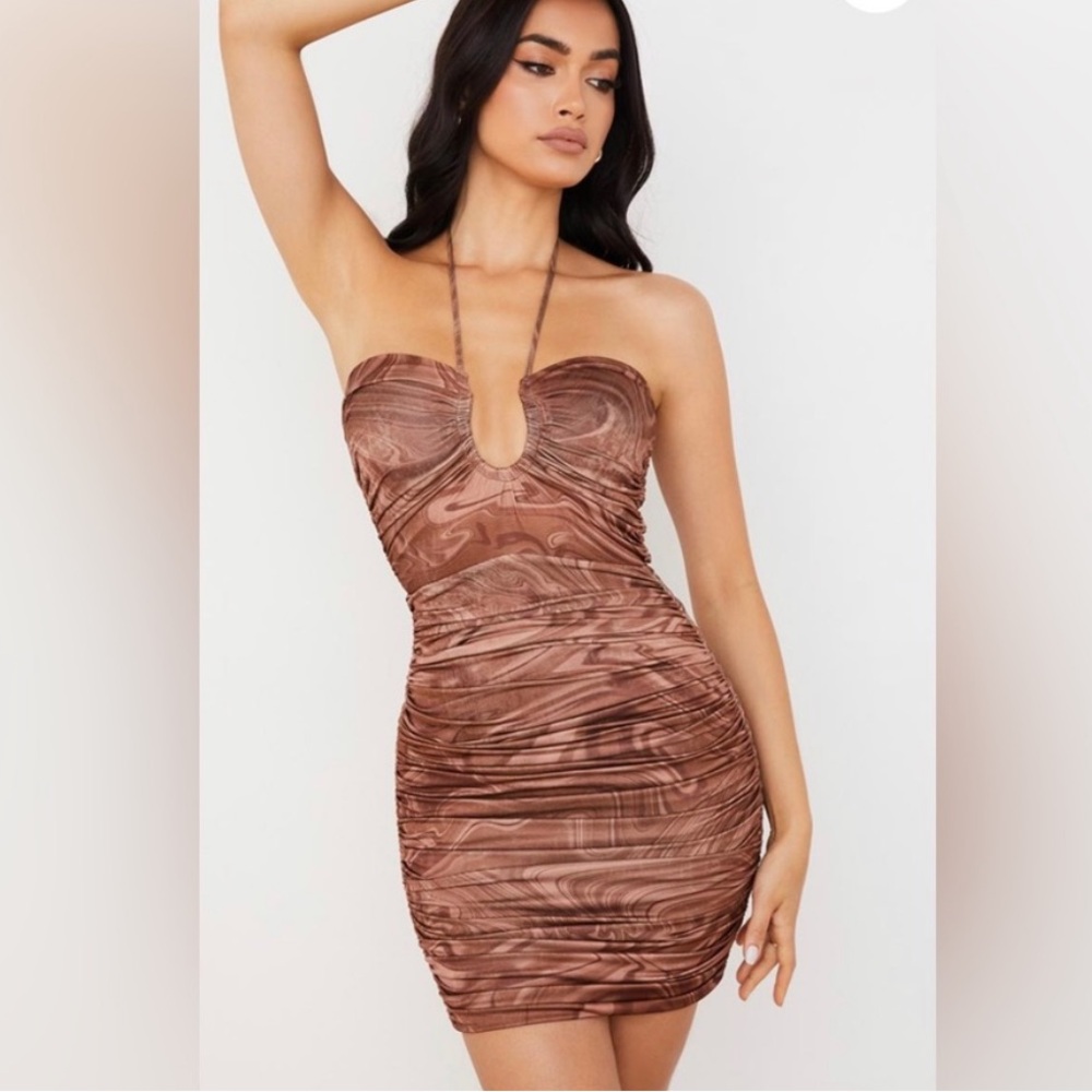 House of CB Letitia Swirl Brown Halter Ruched Dress Size S